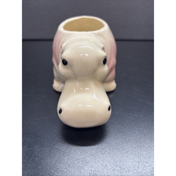 Vintage Ceramic Hippo Planter Figurine Pink & Cream Glaze - Picture 2 of 6